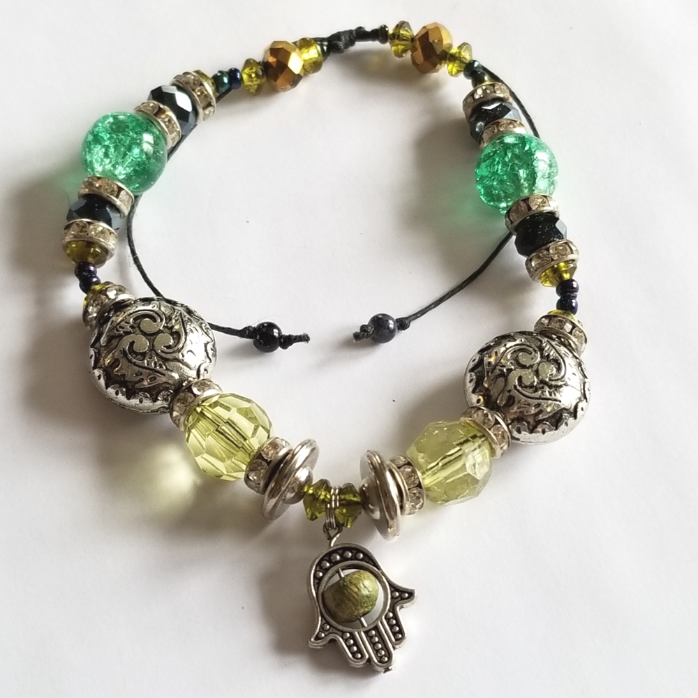 Hamsa Hand bracelet handmade beaded green black silver tone bead boho